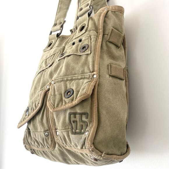 Rare G-Star Olive Green Khaki Canvas Tote Bag Adjustable Straps Street Military - Picture 2 of 16